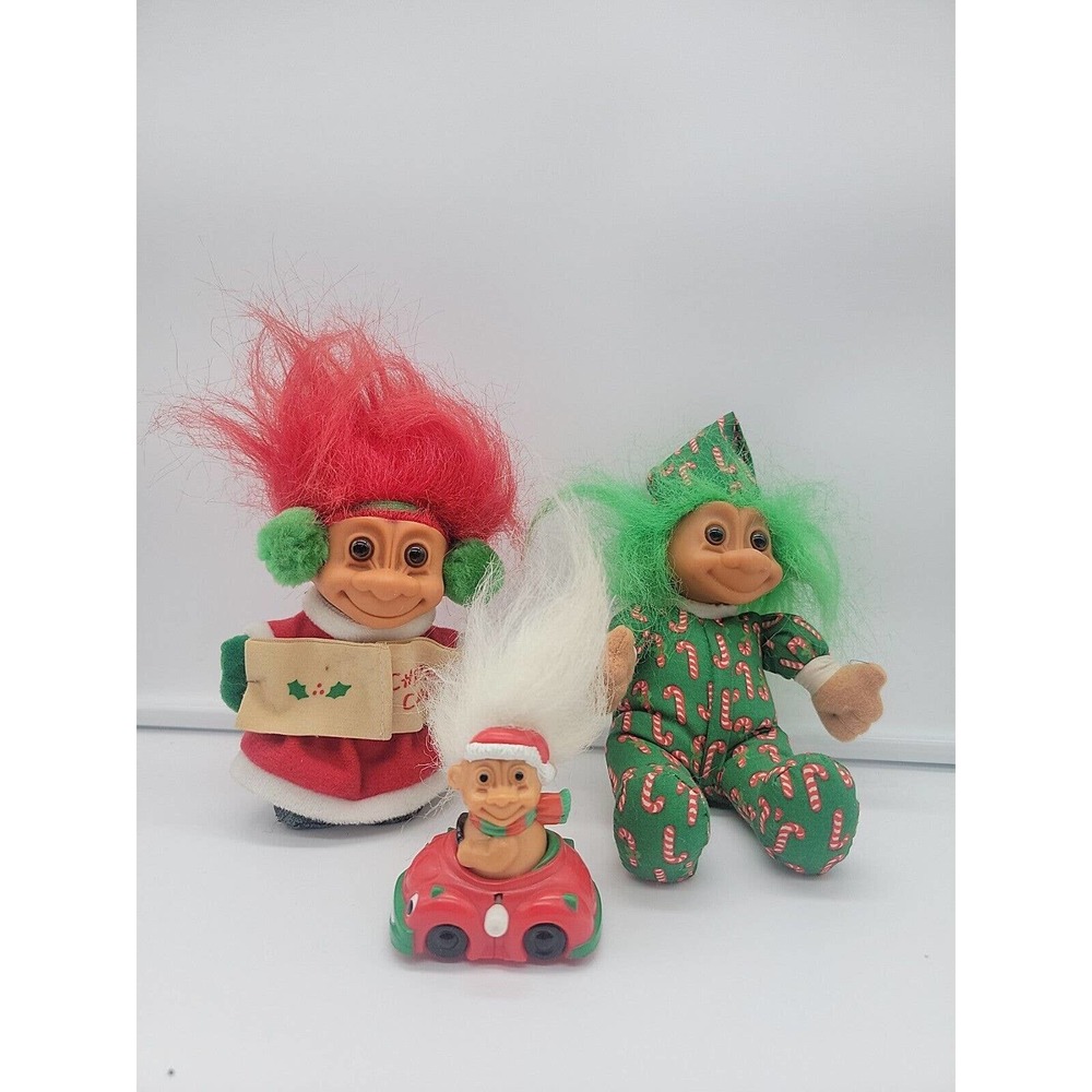 Vintage Russ Merry Little Troll Caroler & Luv Pet Troll Plush Stuffed Candy Cane
